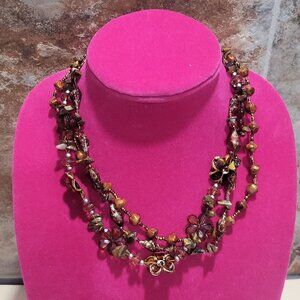 Multi Strand Beaded Necklace Brown Amber Bronze Beads